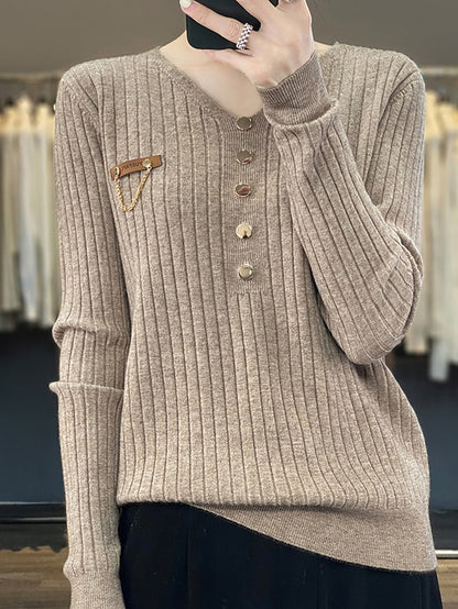 Women's Pullover Sweater Jumper V Neck Ribbed Knit Polyester Button Fall Winter Regular Outdoor Daily Going out Stylish Casual Soft Long Sleeve Solid Color Black White Yellow S M L