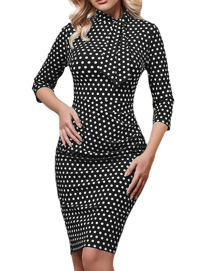 Women's Work Dress Shift Dress Sheath Dress Elegant Office Daily Midi Dress Tie Knot Bow Crew Neck 3/4 Length Sleeve Polka Dot Regular Fit Black Spring Fall S M L XL XXL