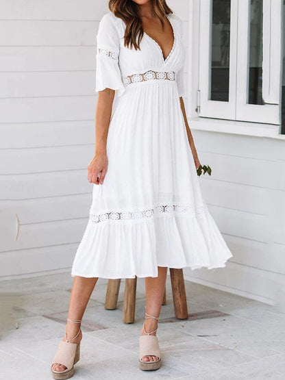 Women's White Dress Lace Dress Casual Dress Midi Dress Lace Patchwork Date Vacation Elegant Streetwear V Neck 3/4 Length Sleeve White Color