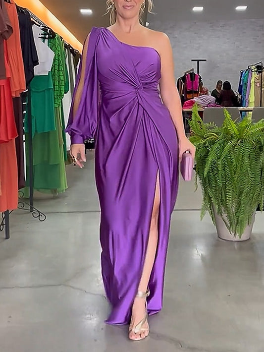Women's Black Dress Prom Dress Party Dress Ruched Split One Shoulder Long Sleeve Purple Spring Winter