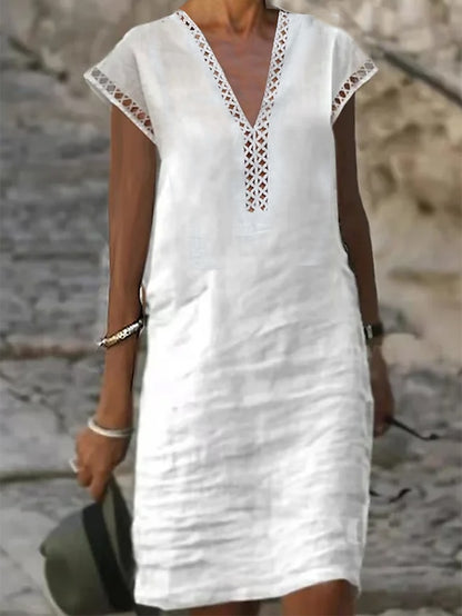 Women's Cotton Linen Dress Casual Dress Shift Dress Midi Dress Cotton Fashion Modern Outdoor Daily Vacation V Neck Cut Out Short Sleeve Summer Spring 2023 Regular Fit White Blue Green Plain S M L XL - LuckyFash™