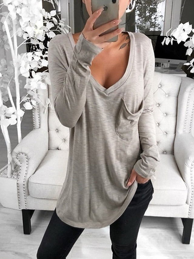 Women's T shirt Tee Tunic Black White Pink Solid Colored Pocket Long Sleeve Casual Daily Basic V Neck Regular Loose Fit S