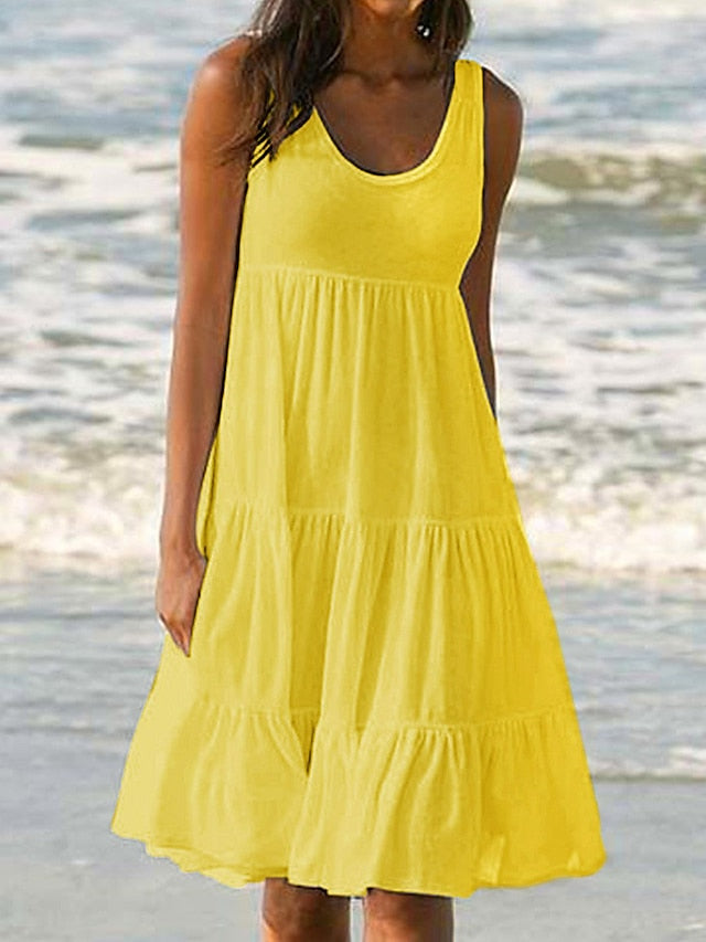 Women's Sundress Knee Length Dress Blue Yellow Blushing Pink Fuchsia Green White Black Sleeveless Solid Color Ruched Pleated Summer Round Neck Hot Casual Beach vacation dresses 2023 S M L XL XXL 3XL - LuckyFash™