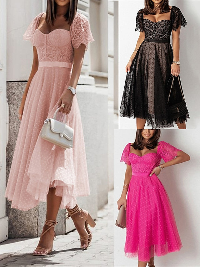 Women's Party Dress Corset Dress Lace Dress Midi Dress Black Pink Fuchsia Short Sleeve Polka Dot Lace Summer Spring Square Neck Fashion Birthday Wedding Guest Vacation S M L XL - LuckyFash™