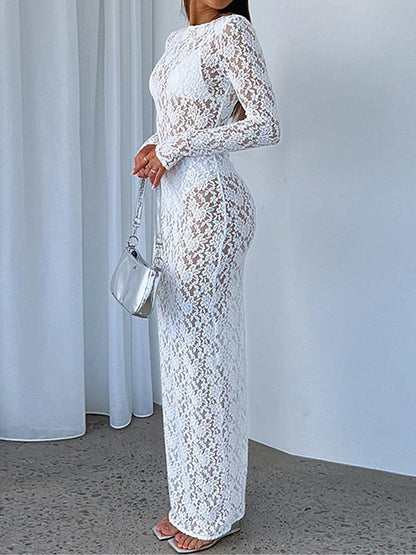 Women's White Dress Lace Dress Casual Dress Long Dress Maxi Dress Lace Patchwork Date Vacation Streetwear Maxi Round Neck Long Sleeve Black White Color