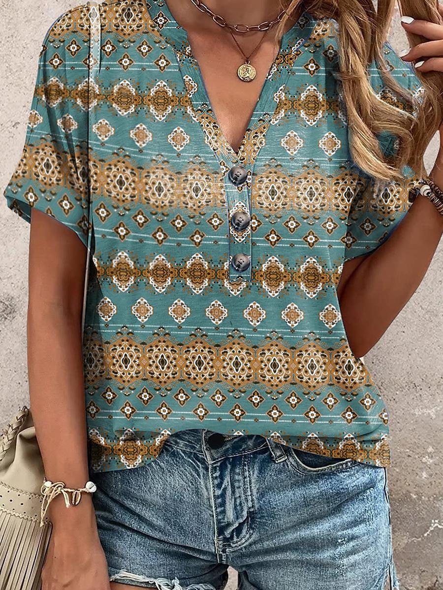 Women's Tunic Daily Blue Short Sleeve Fashion V Neck Summer