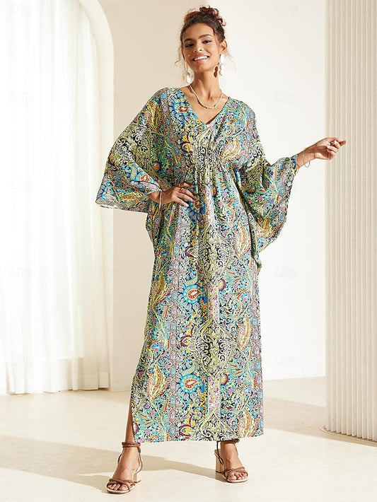 Women's V Neck Flutter Sleeve Maxi Dress 3/4 Length Sleeve Summer