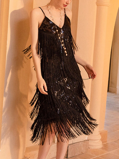 Women's Sequins Tassel Fringe Black Dress Midi Dress Elegant Plain Spaghetti Strap Sleeveless Party Summer Spring Black Red