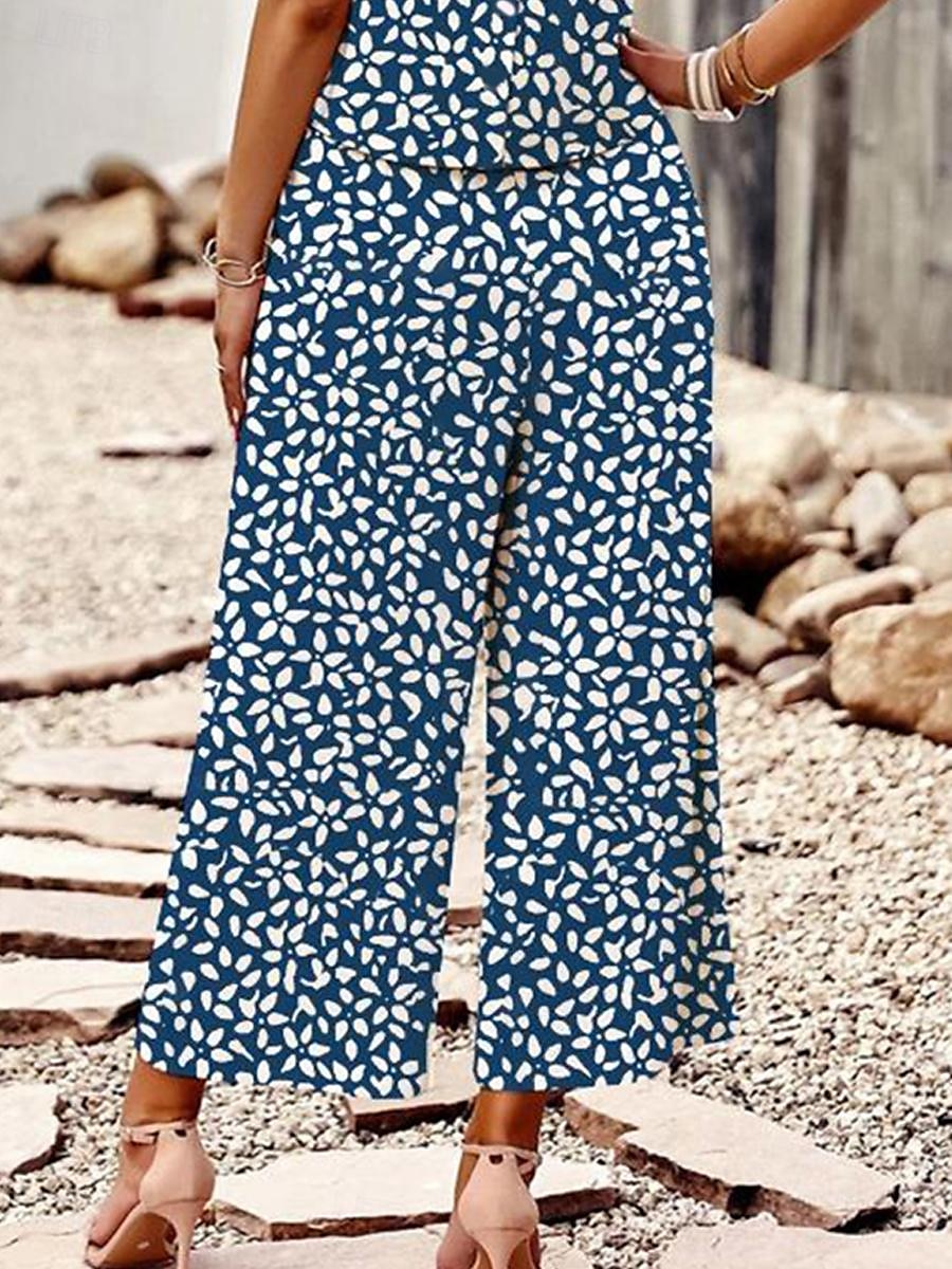 Women's Tank Top Pants Sets Floral Vacation Blue Sleeveless Elegant Vacation Crew Neck Summer