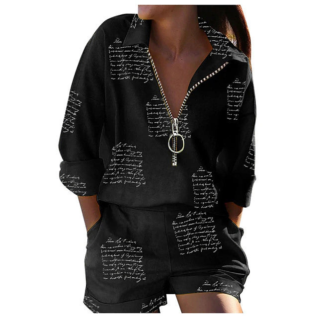 Women's Shirt Shorts Sets Graphic Butterfly Casual Daily Zipper Print Black Long Sleeve Fashion Boho Shirt Collar Spring & Summer