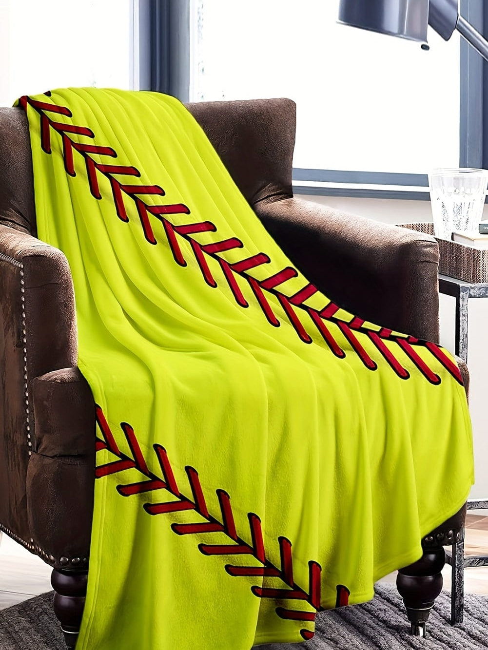 Yellow Baseball Seam Print Soft Flannel Blanket 130*150cm