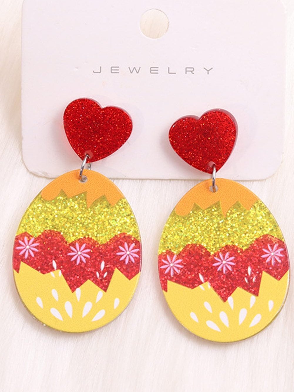 Yellow Cream Glitter Acrylic Easter Egg Heart Studded Earrings