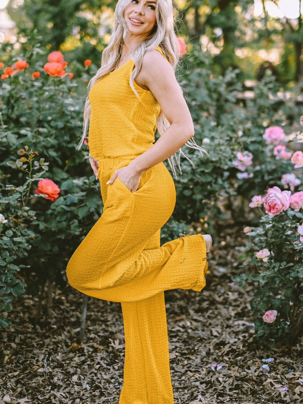 Yellow Crinkle Texture Sleeveless Tank Top and Wide Leg Pants Ensemble