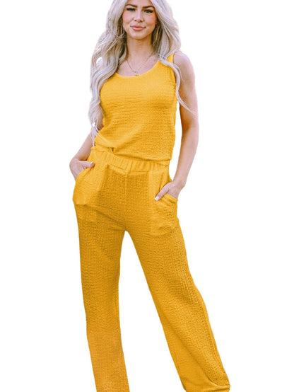 Yellow Crinkle Texture Sleeveless Tank Top and Wide Leg Pants Ensemble