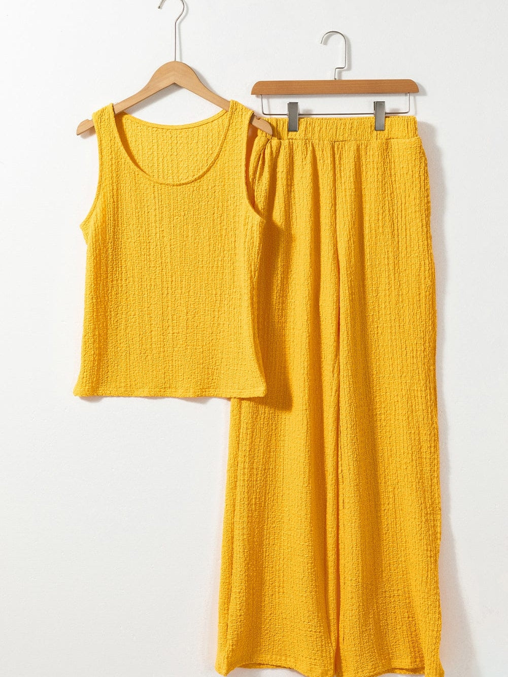 Yellow Crinkle Texture Sleeveless Tank Top and Wide Leg Pants Ensemble