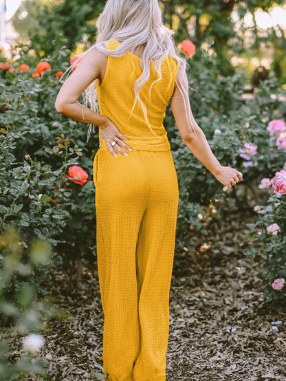 Yellow Crinkle Texture Sleeveless Tank Top and Wide Leg Pants Ensemble