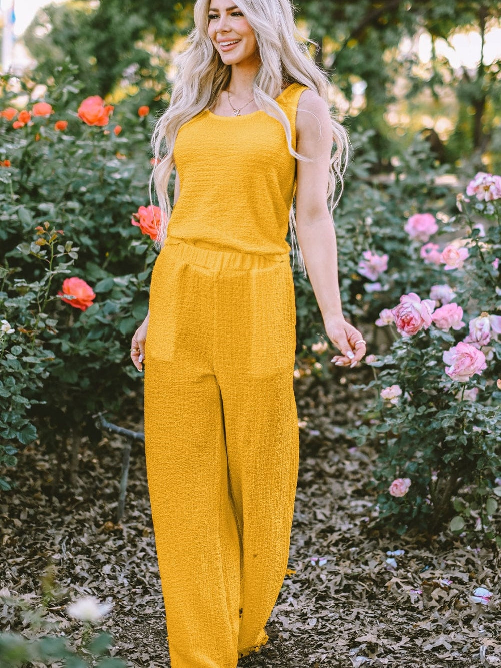 Yellow Crinkle Texture Sleeveless Tank Top and Wide Leg Pants Ensemble