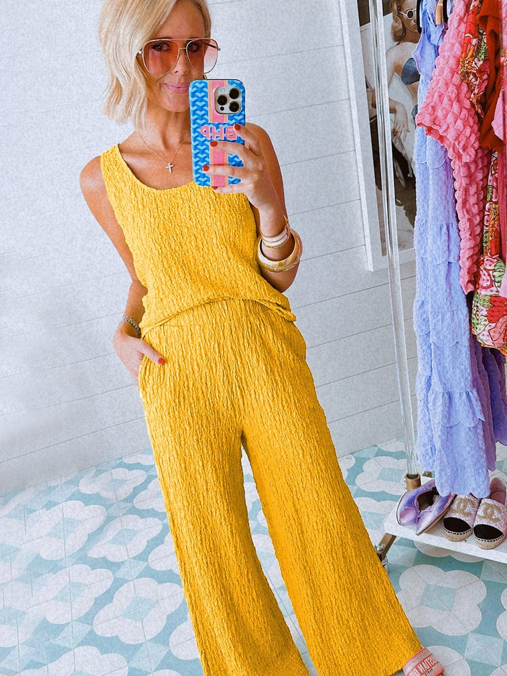 Yellow Crinkle Texture Sleeveless Tank Top and Wide Leg Pants Ensemble