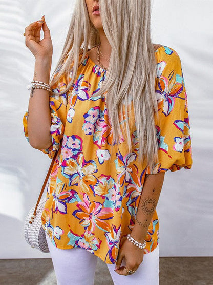 Yellow Floral Chiffon Printed Women's Pullover with Elastic Neckline