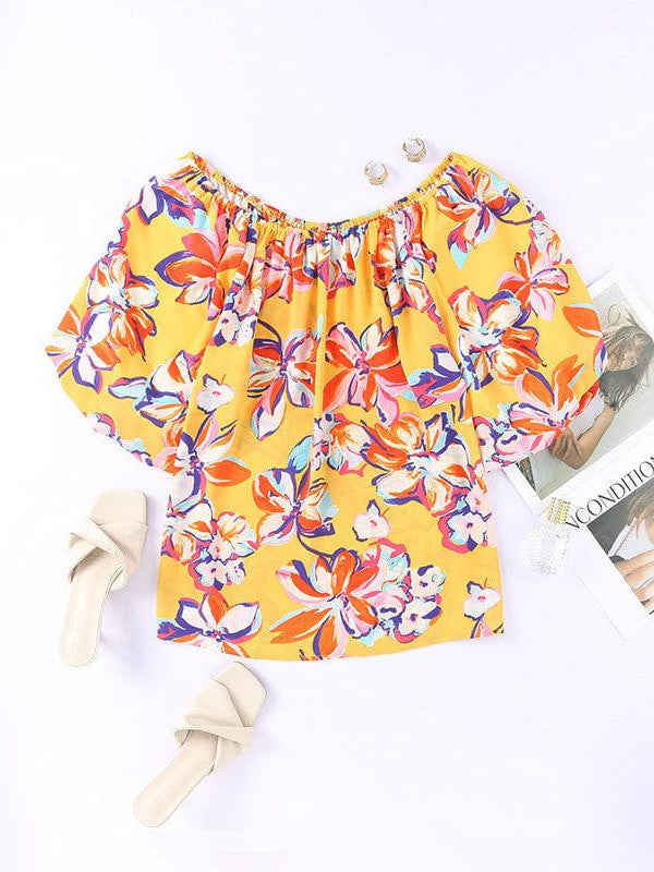 Yellow Floral Chiffon Printed Women's Pullover with Elastic Neckline