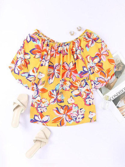 Yellow Floral Chiffon Printed Women's Pullover with Elastic Neckline