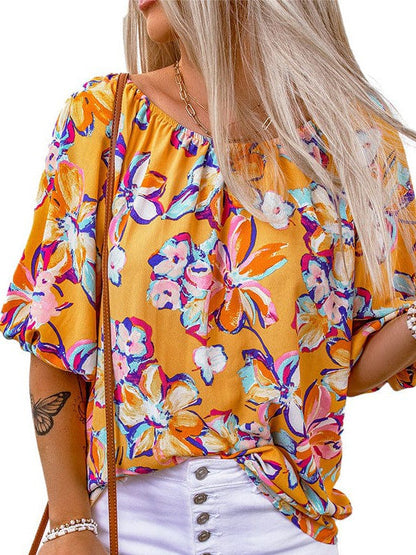 Yellow Floral Chiffon Printed Women's Pullover with Elastic Neckline