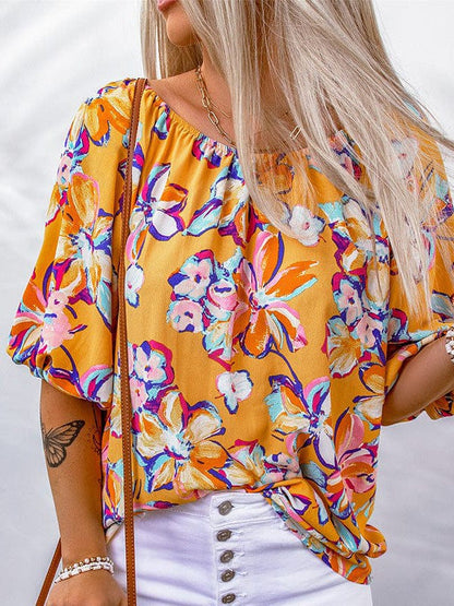 Yellow Floral Chiffon Printed Women's Pullover with Elastic Neckline