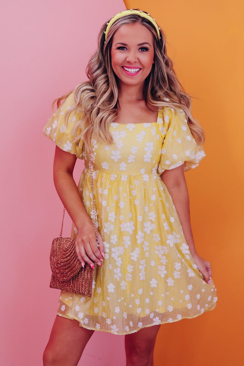 Yellow Floral Jacquard Boho Puff Sleeve Mini Dress