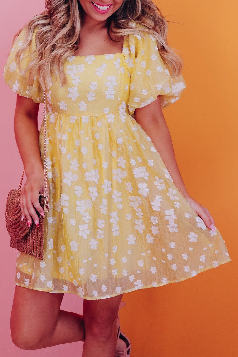 Yellow Floral Jacquard Boho Puff Sleeve Mini Dress