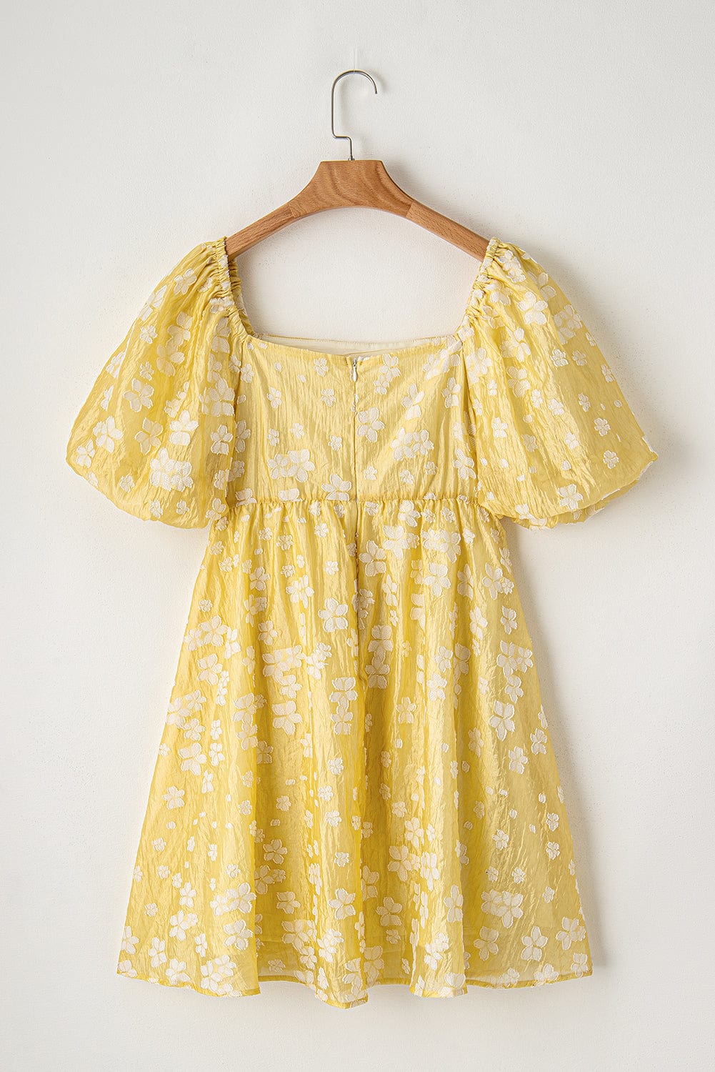 Yellow Floral Jacquard Boho Puff Sleeve Mini Dress