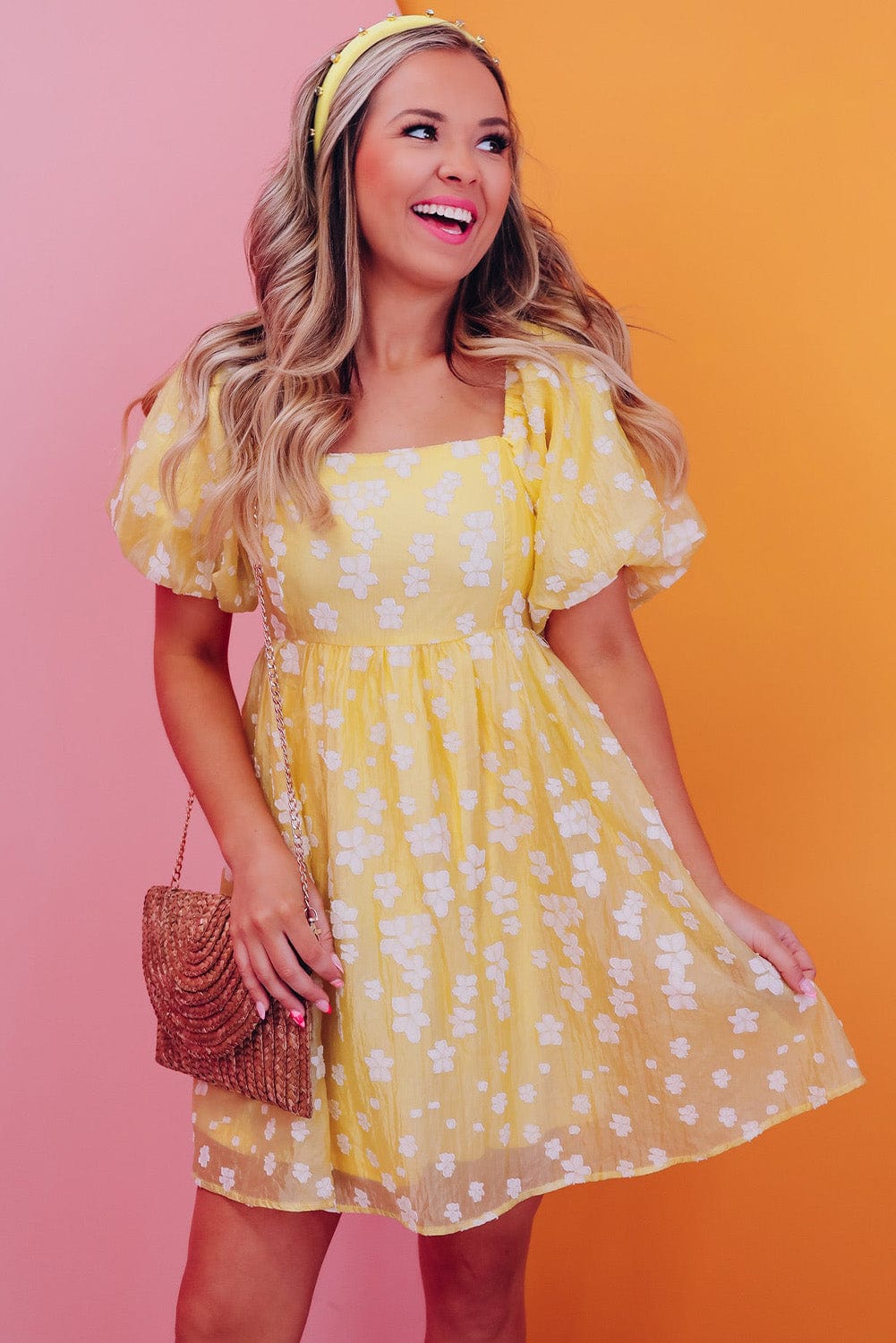 Yellow Floral Jacquard Boho Puff Sleeve Mini Dress