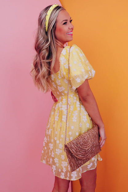 Yellow Floral Jacquard Boho Puff Sleeve Mini Dress