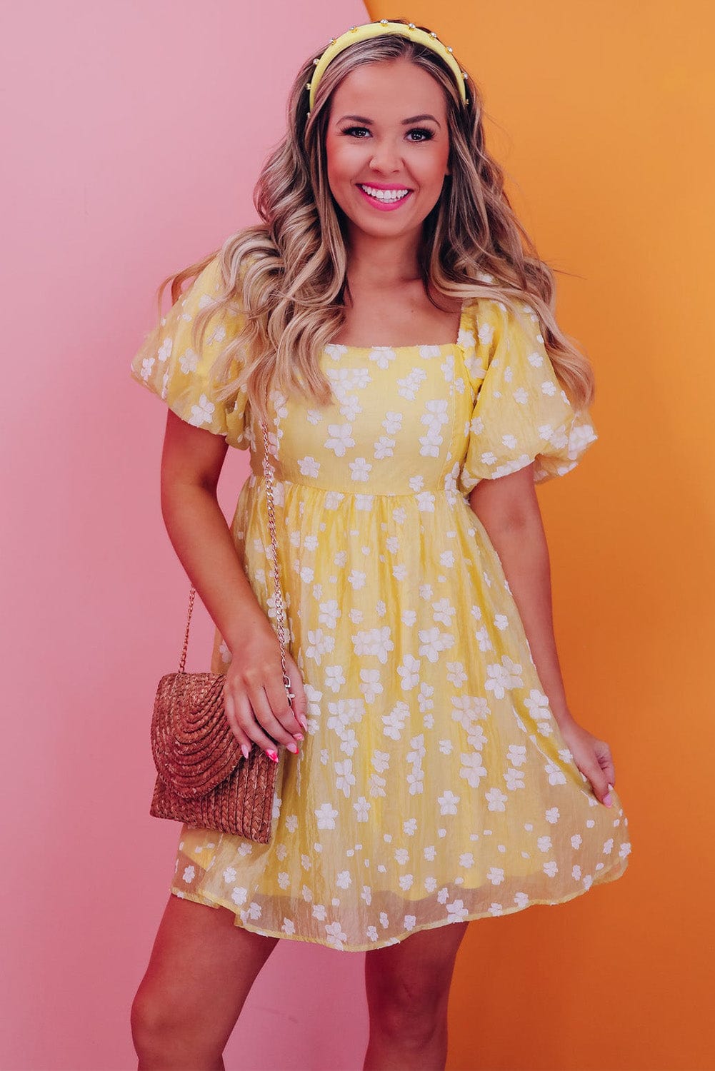 Yellow Floral Jacquard Boho Puff Sleeve Mini Dress