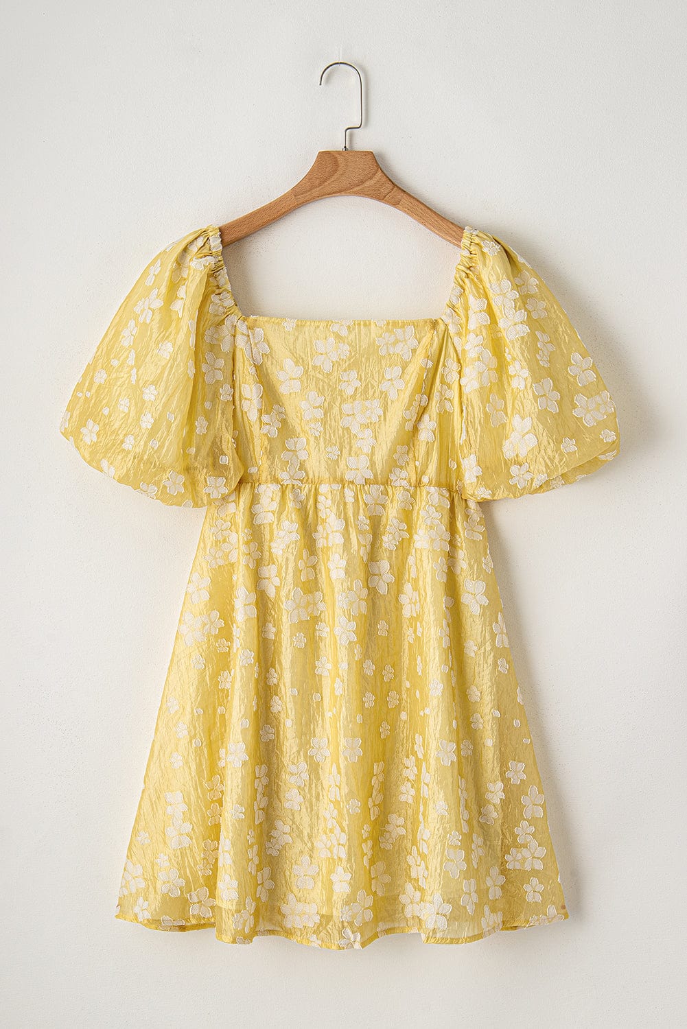 Yellow Floral Jacquard Boho Puff Sleeve Mini Dress