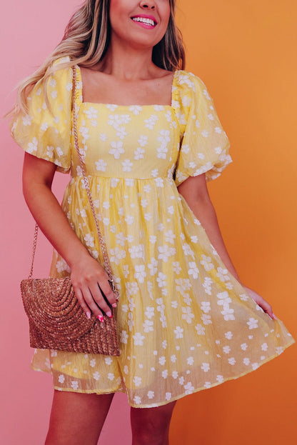 Yellow Floral Jacquard Boho Puff Sleeve Mini Dress