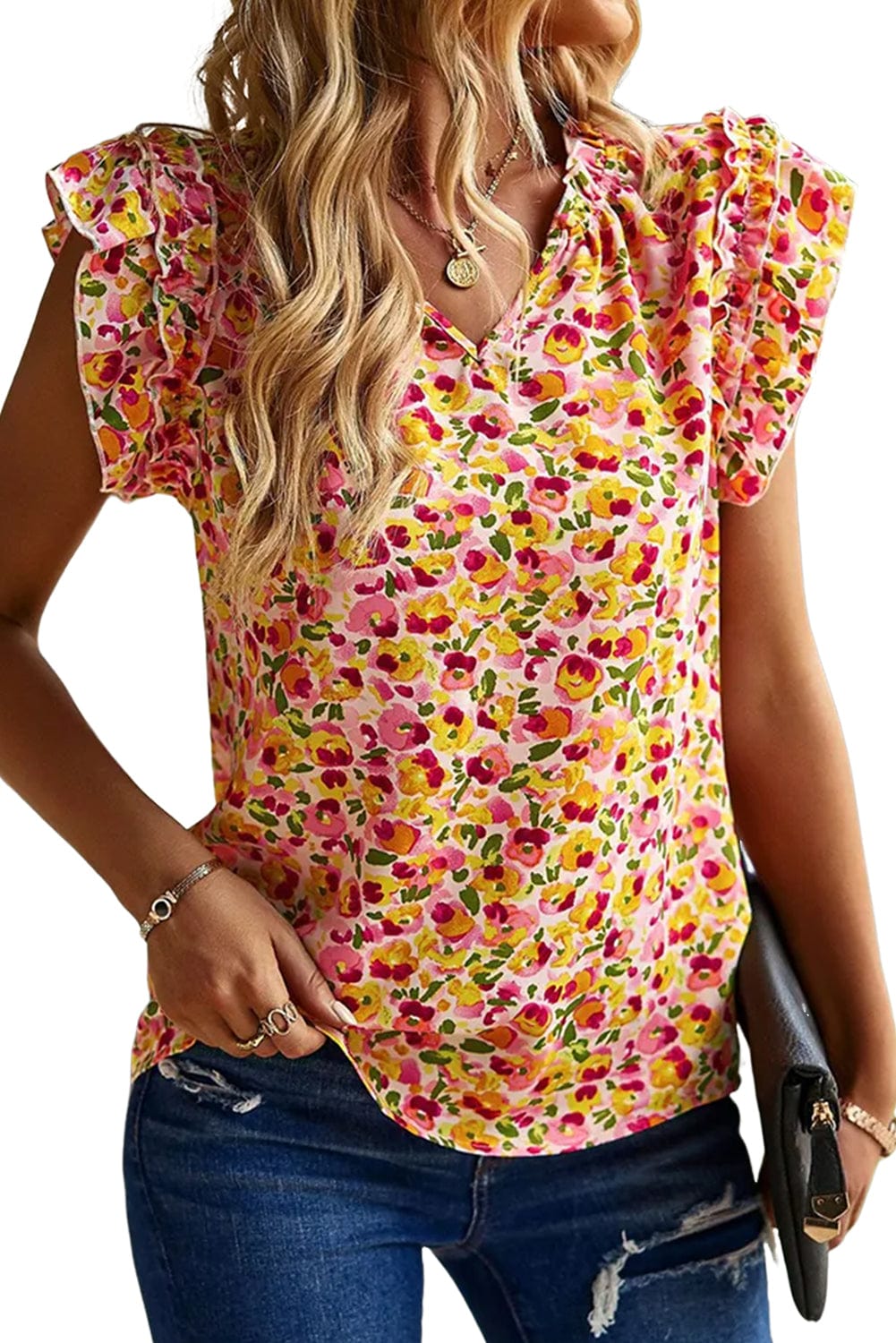 Yellow Floral Ruffle Sleeve V Neck Tank Top with Flutter Detail