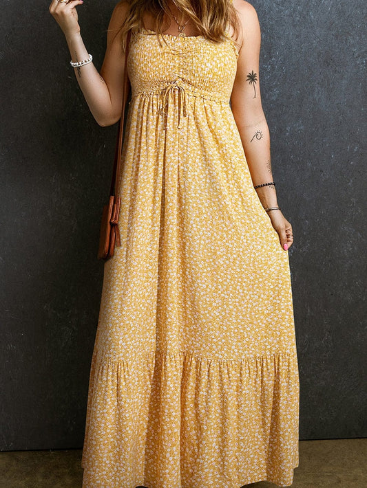 Yellow Floral Smocked Bodice Boho Maxi Dress