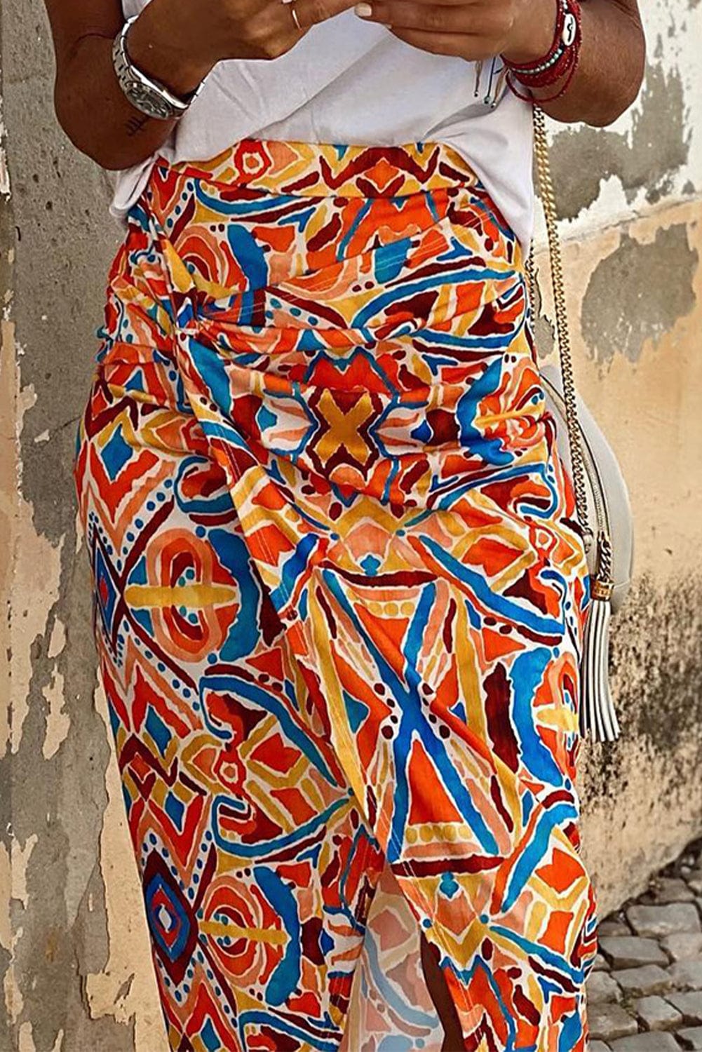 Yellow Geometric Abstract Print Slit High Waist Maxi Skirt