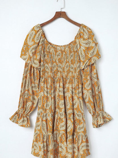 Yellow Geometric Print Bohemian Long Sleeve Shift Dress