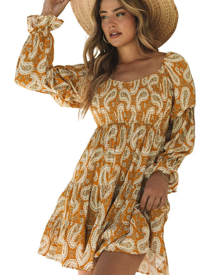 Yellow Geometric Print Bohemian Long Sleeve Shift Dress