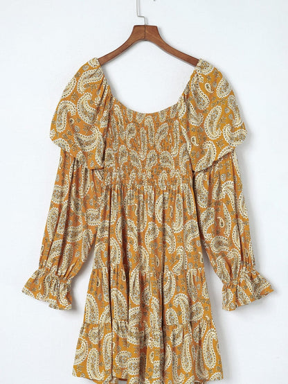 Yellow Geometric Print Bohemian Long Sleeve Shift Dress