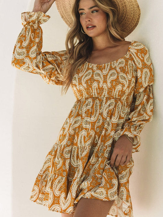 Yellow Geometric Print Bohemian Long Sleeve Shift Dress