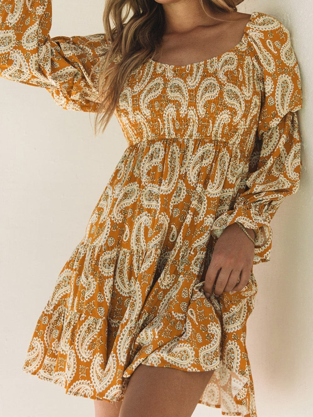 Yellow Geometric Print Bohemian Long Sleeve Shift Dress