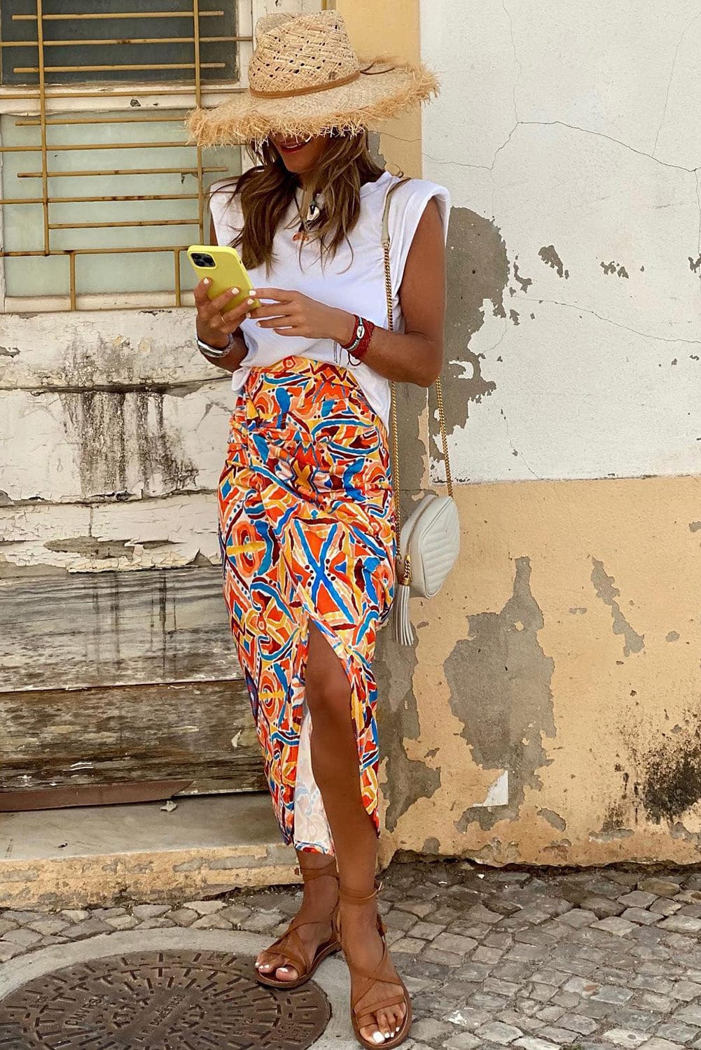 Yellow High Waist Maxi Skirt with Geometric Abstract Print