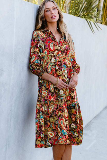 Yellow Paisley Collared Midi Dress with 3/4 Sleeves