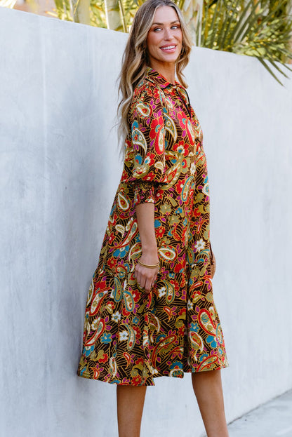 Yellow Paisley Collared Midi Dress with 3/4 Sleeves