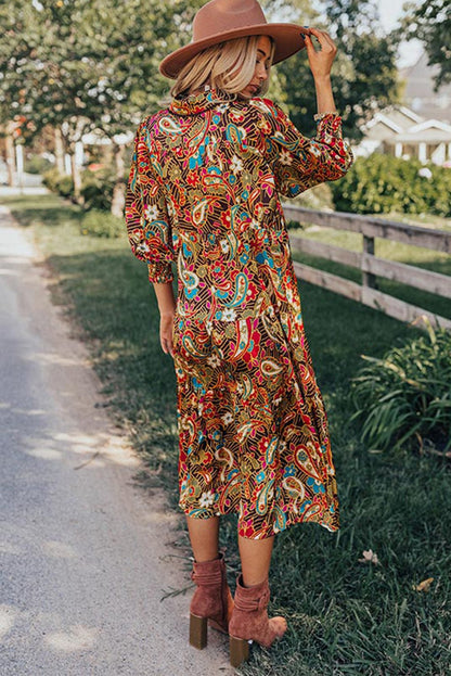 Yellow Paisley Collared Midi Dress with 3/4 Sleeves