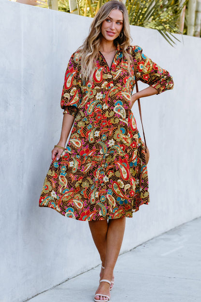 Yellow Paisley Collared Midi Dress with 3/4 Sleeves