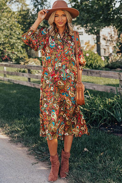 Yellow Paisley Collared Midi Dress with 3/4 Sleeves