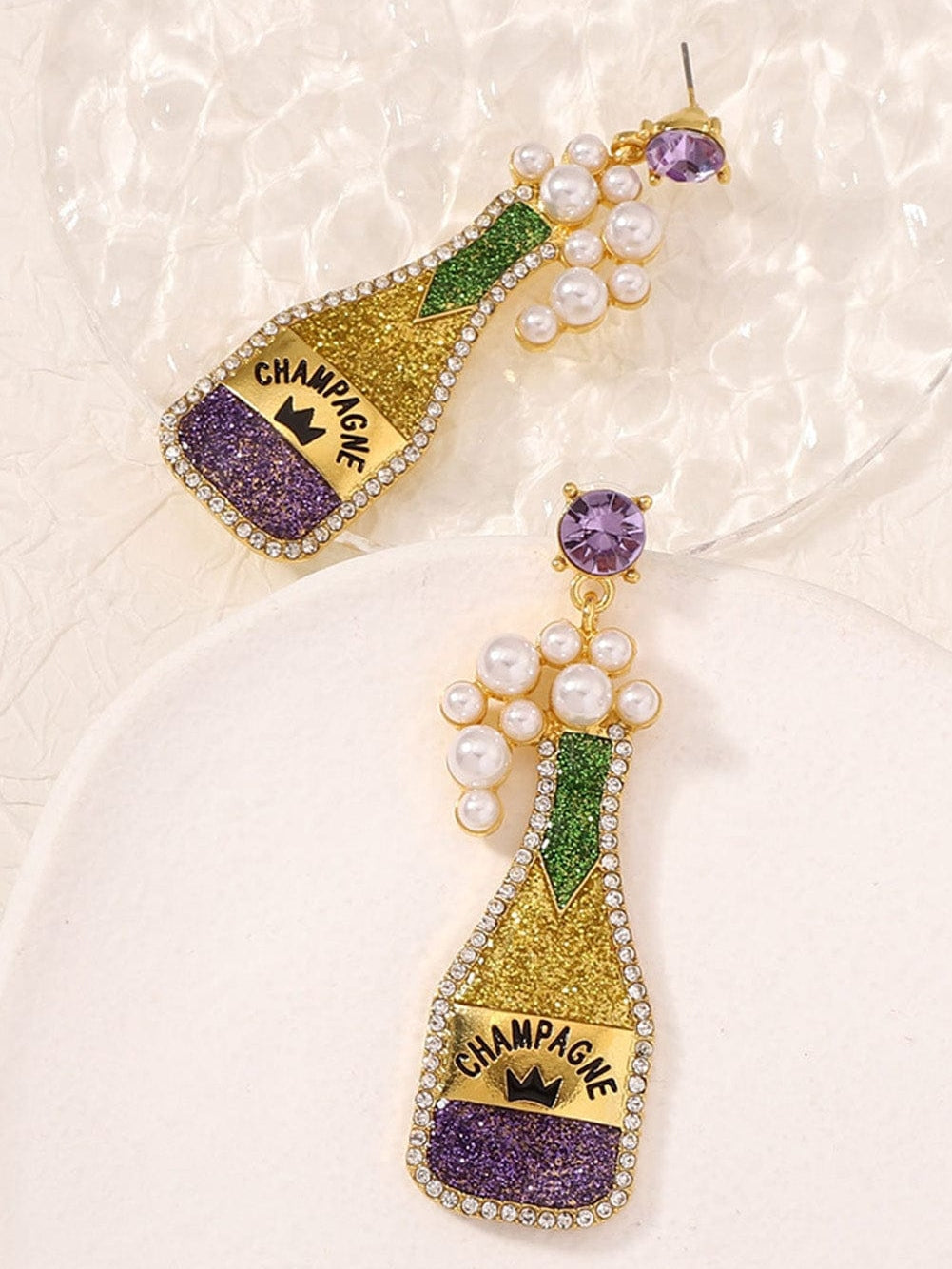 Yellow Pearl and Rhinestone Mardi Gras Bottle Shape Dangle Earrings